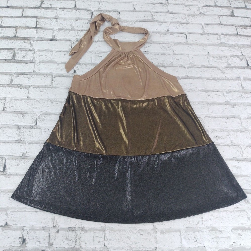 Sushi Flower Blouse Womns Large Metallic Sleeveless Stretch Shimmer Halter Top